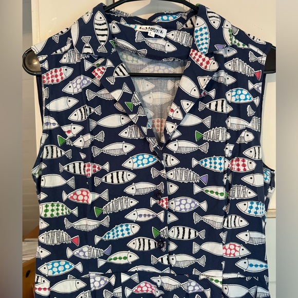 Unique Vintage Navy & Rainbow Fish Print Flare Dress, size large - Picture 5 of 6